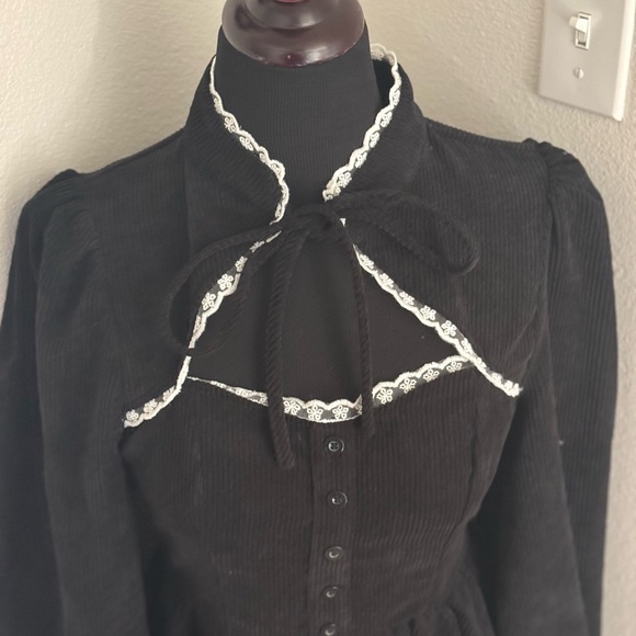 2 FOR $25 SHEIN Mod Corduroy Black Mini Dress Fit Flare Tie Neck Puff Sleeve M - Picture 7 of 9